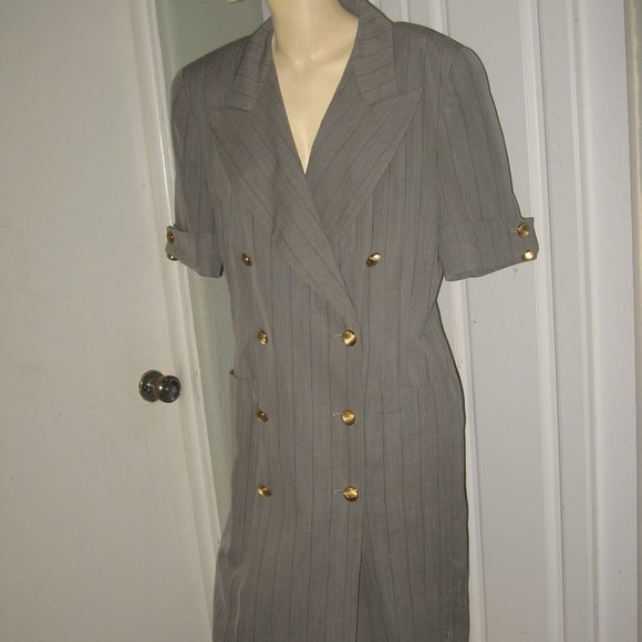 ❤️ESCADA MARGARETHA LEY PINSTRIPE Double Breasted Dress w Gold Buttons Sz 42 /L - Picture 1 of 10
